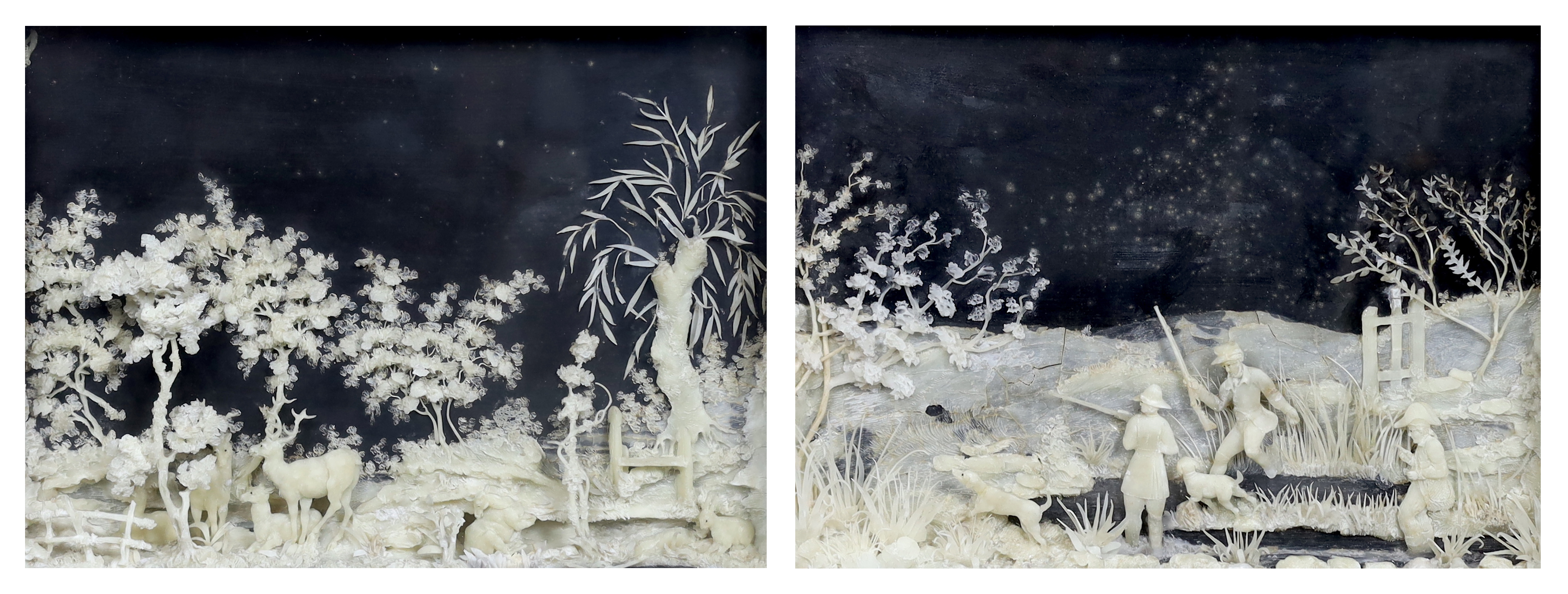 A rare pair of mid 19th century carved wax pictures, 26 x 36cm, original gilt gesso frames